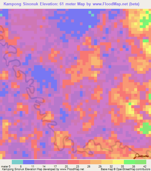 Kampong Sinonuk,Brunei Elevation Map