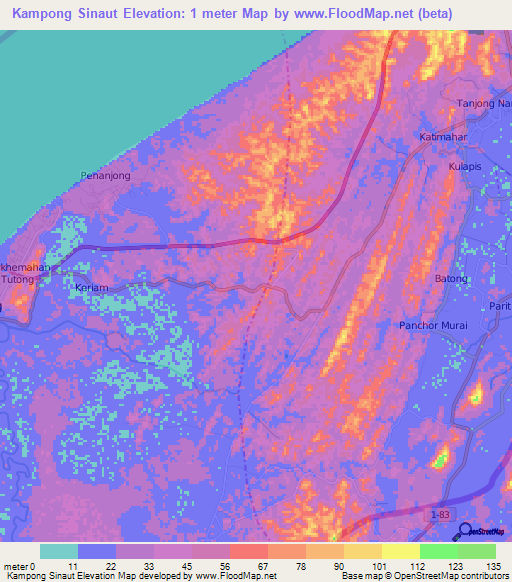 Kampong Sinaut,Brunei Elevation Map
