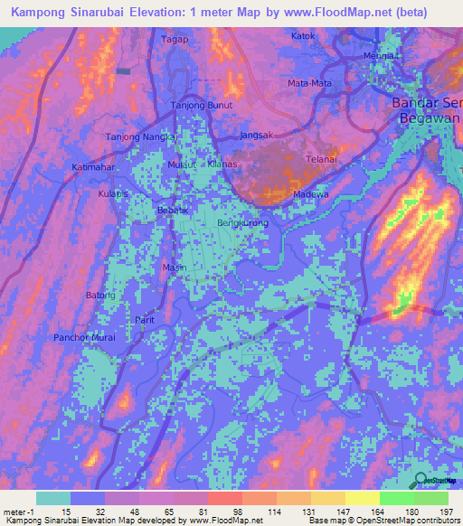 Kampong Sinarubai,Brunei Elevation Map
