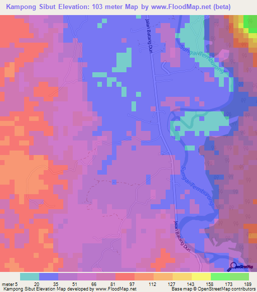 Kampong Sibut,Brunei Elevation Map