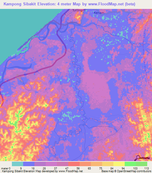 Kampong Sibakit,Brunei Elevation Map