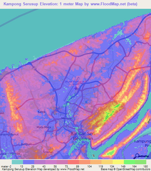Kampong Serusup,Brunei Elevation Map