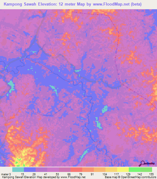 Kampong Sawah,Brunei Elevation Map