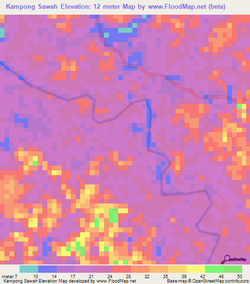 Kampong Sawah,Brunei Elevation Map