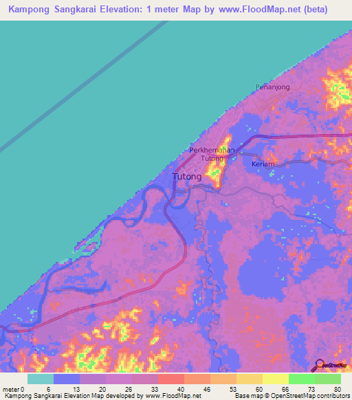 Kampong Sangkarai,Brunei Elevation Map