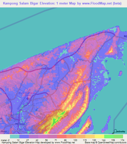Kampong Salam Bigar,Brunei Elevation Map