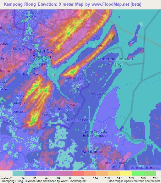 Kampong Riong,Brunei Elevation Map