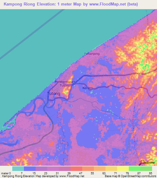 Kampong Riong,Brunei Elevation Map