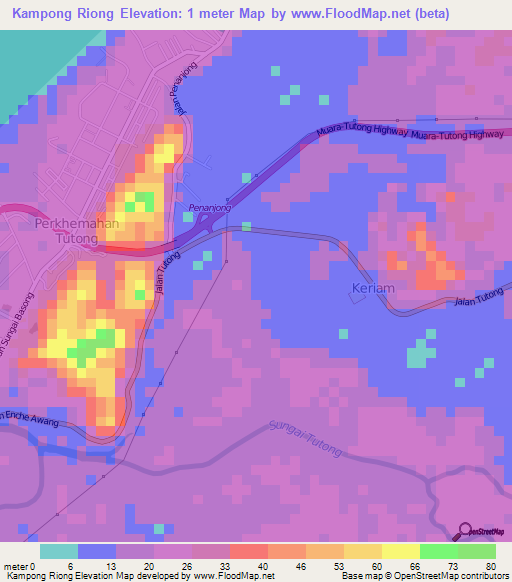 Kampong Riong,Brunei Elevation Map