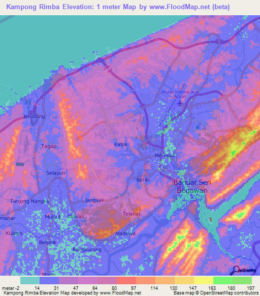 Kampong Rimba,Brunei Elevation Map
