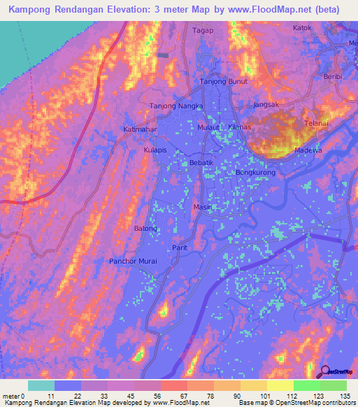 Kampong Rendangan,Brunei Elevation Map