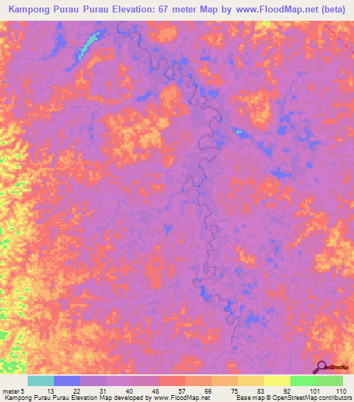 Kampong Purau Purau,Brunei Elevation Map