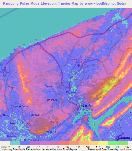 Kampong Pulau Muda,Brunei Elevation Map