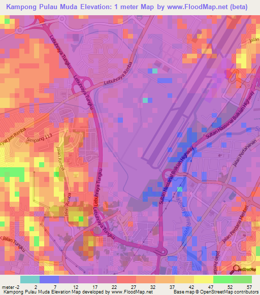 Kampong Pulau Muda,Brunei Elevation Map