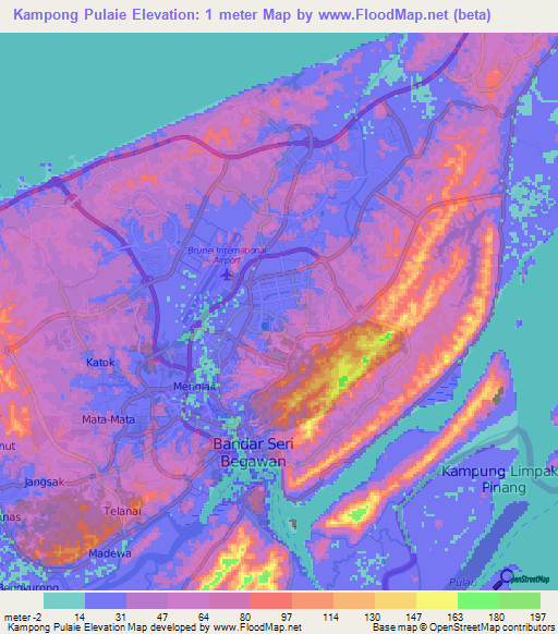 Kampong Pulaie,Brunei Elevation Map