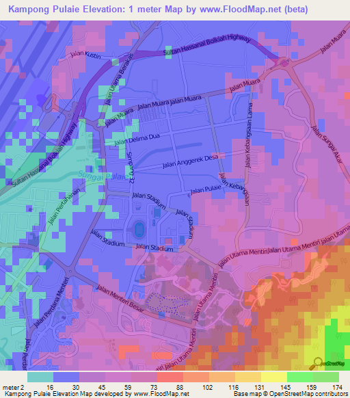 Kampong Pulaie,Brunei Elevation Map
