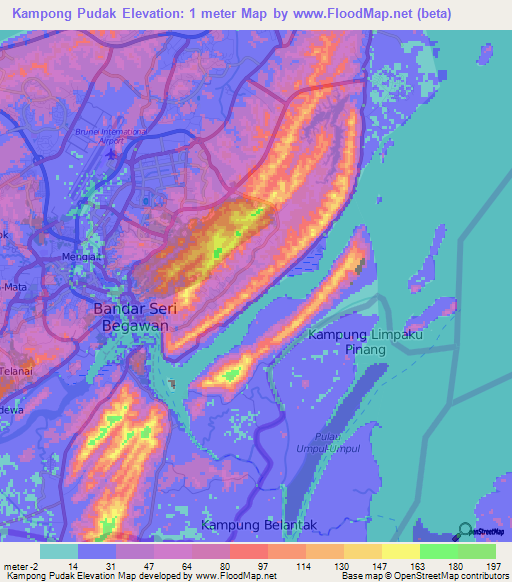 Kampong Pudak,Brunei Elevation Map
