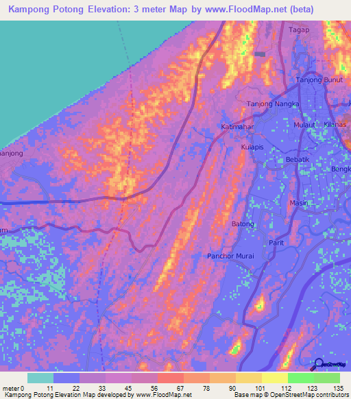 Kampong Potong,Brunei Elevation Map