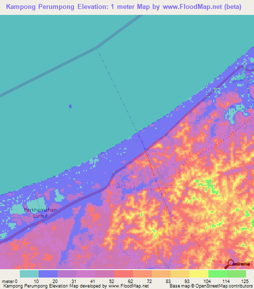 Kampong Perumpong,Brunei Elevation Map