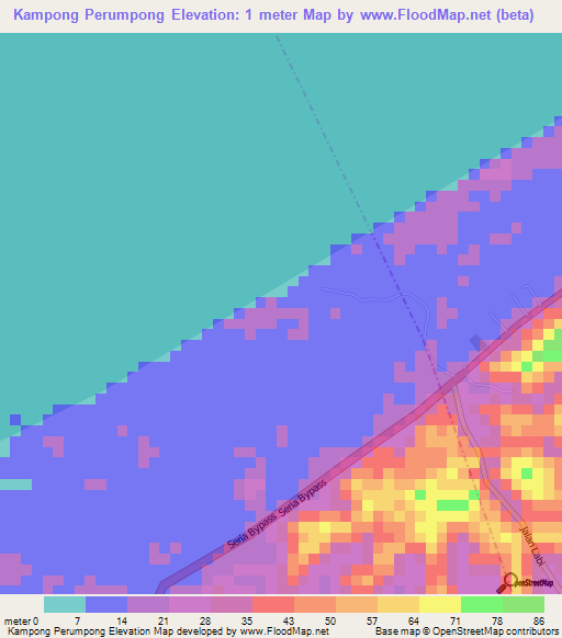 Kampong Perumpong,Brunei Elevation Map