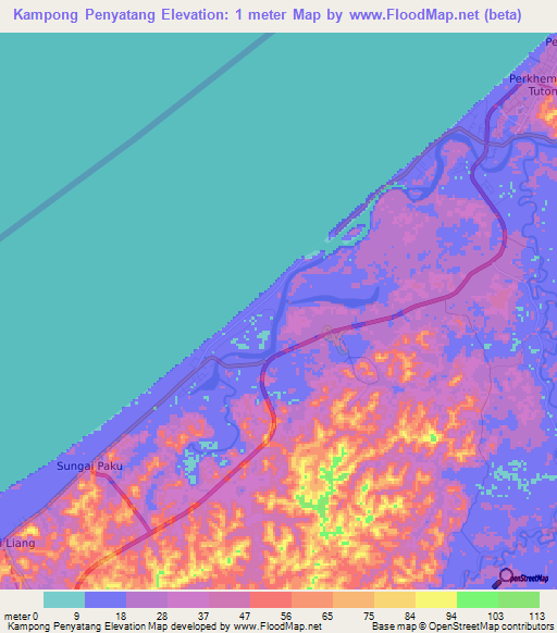 Kampong Penyatang,Brunei Elevation Map