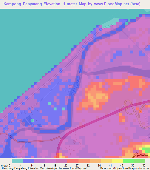 Kampong Penyatang,Brunei Elevation Map
