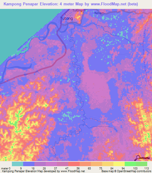Kampong Penapar,Brunei Elevation Map