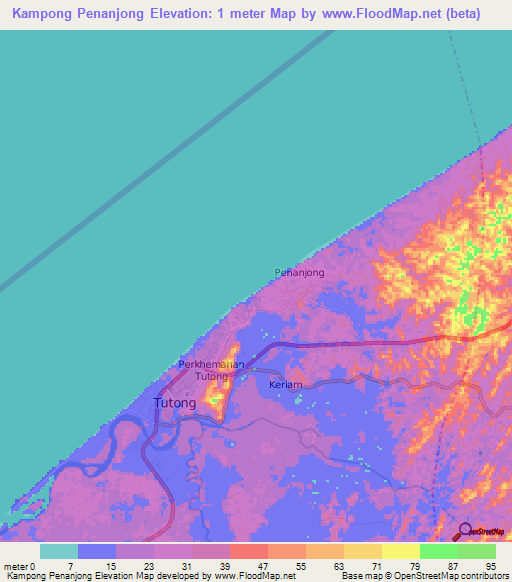 Kampong Penanjong,Brunei Elevation Map