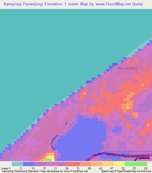 Kampong Penanjong,Brunei Elevation Map