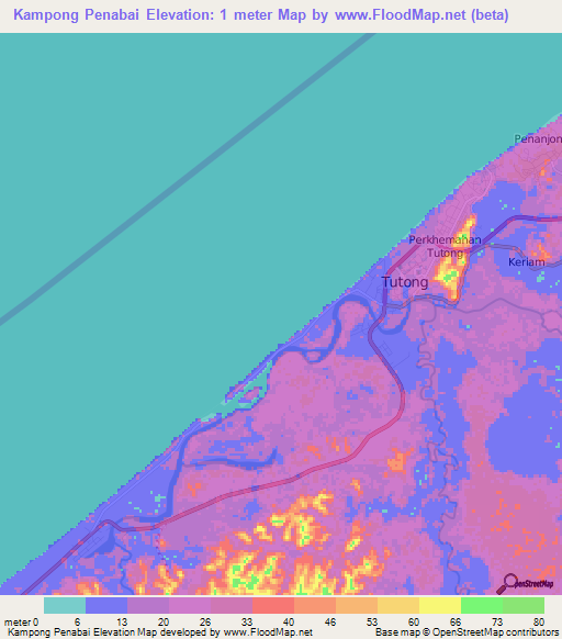 Kampong Penabai,Brunei Elevation Map