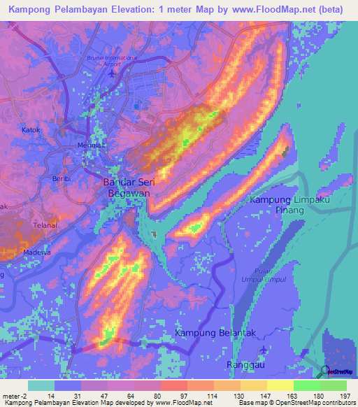 Kampong Pelambayan,Brunei Elevation Map