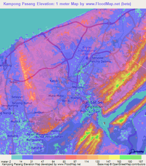 Kampong Pasang,Brunei Elevation Map