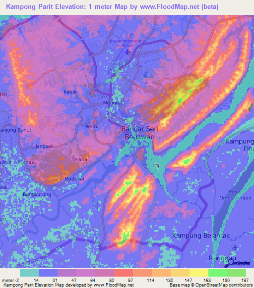 Kampong Parit,Brunei Elevation Map