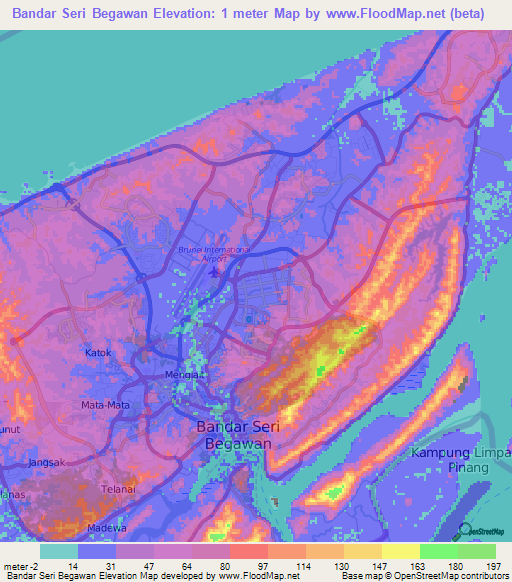 Bandar Seri Begawan,Brunei Elevation Map