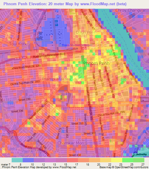 Phnom Penh,Cambodia Elevation Map