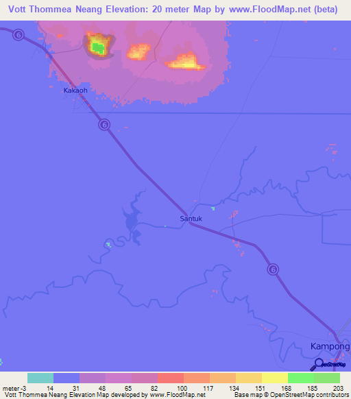 Vott Thommea Neang,Cambodia Elevation Map