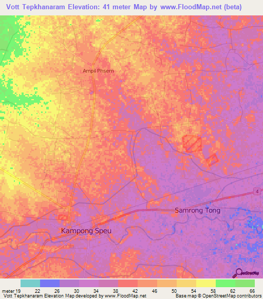 Vott Tepkhanaram,Cambodia Elevation Map