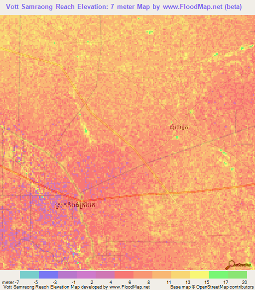 Vott Samraong Reach,Cambodia Elevation Map