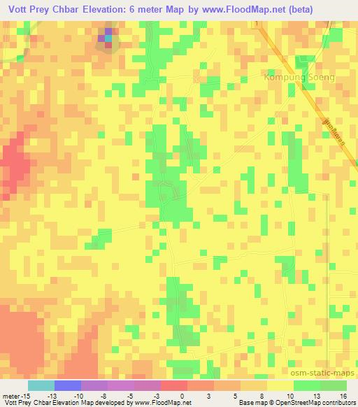 Vott Prey Chbar,Cambodia Elevation Map