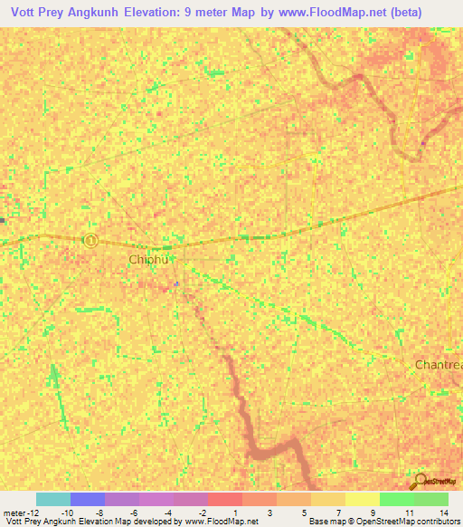 Vott Prey Angkunh,Cambodia Elevation Map