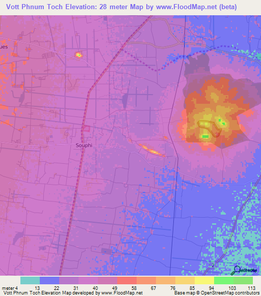 Vott Phnum Toch,Cambodia Elevation Map