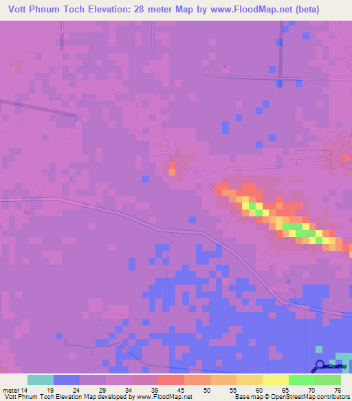Vott Phnum Toch,Cambodia Elevation Map