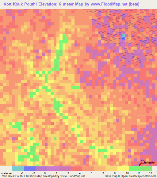 Vott Kouk Pouthi,Cambodia Elevation Map