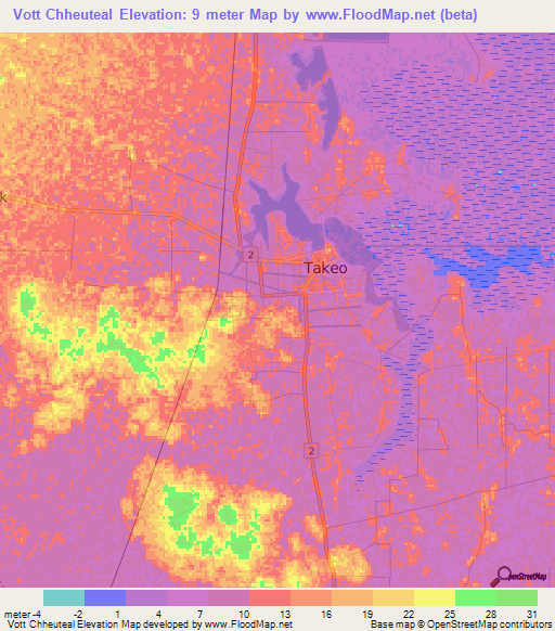 Vott Chheuteal,Cambodia Elevation Map
