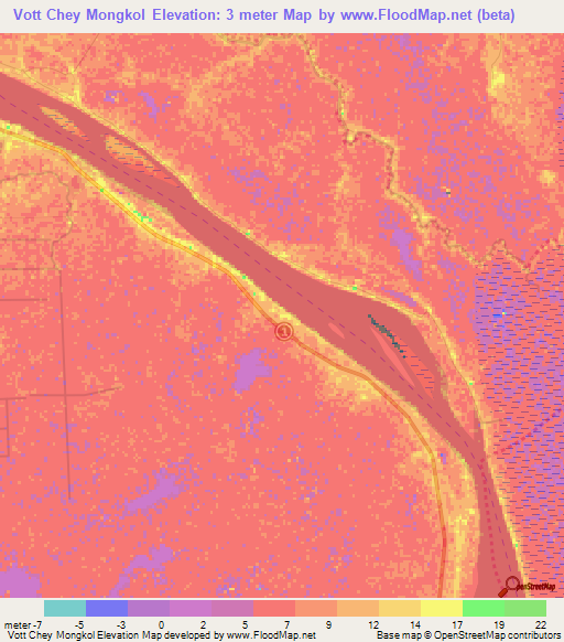 Vott Chey Mongkol,Cambodia Elevation Map