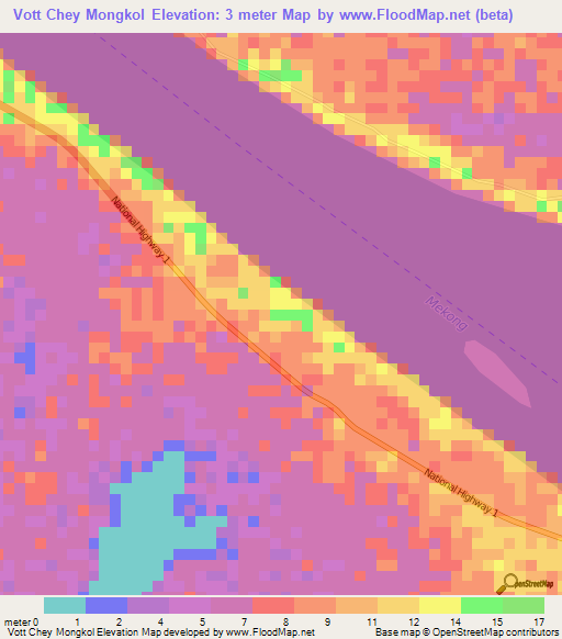 Vott Chey Mongkol,Cambodia Elevation Map