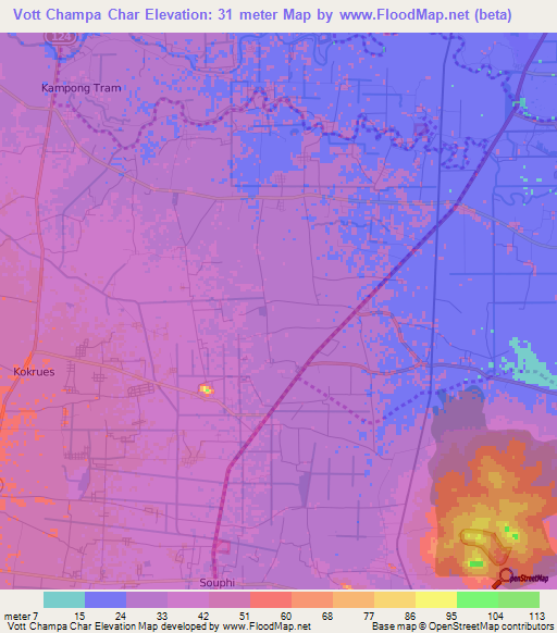 Vott Champa Char,Cambodia Elevation Map