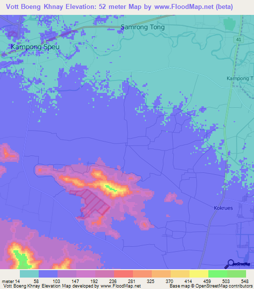 Vott Boeng Khnay,Cambodia Elevation Map