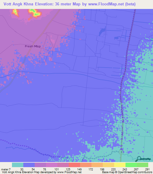 Vott Angk Khna,Cambodia Elevation Map