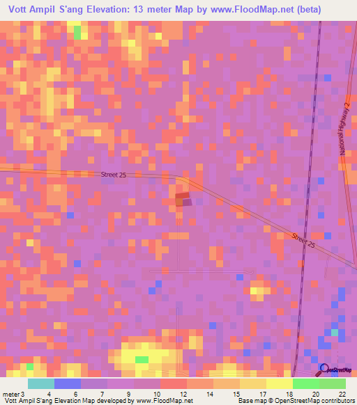 Vott Ampil S'ang,Cambodia Elevation Map